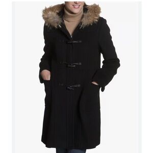 MARC New York Coat Coyote Fur Trimmed Hooded Black Wool Cashmere Coat Size XL